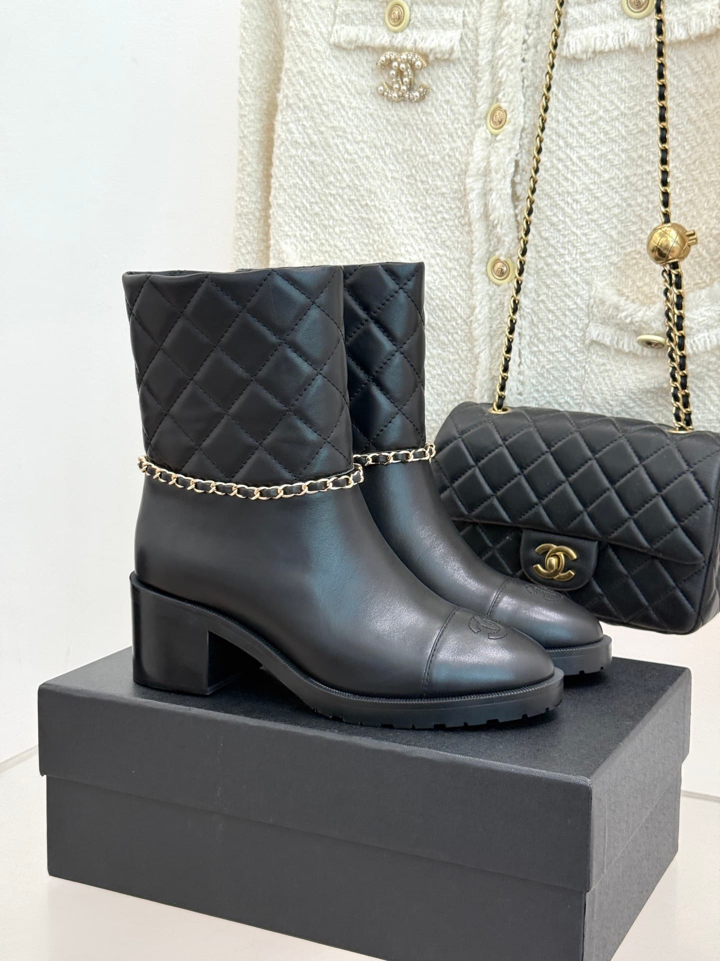 Chanel Chanel Ankle Boots, Knee-High Boots: CHANE Classic Chanel Double C Diamond-Quilted Two-Tone Chain-Strap Chunky-Heel Short Dr. Martens Boots