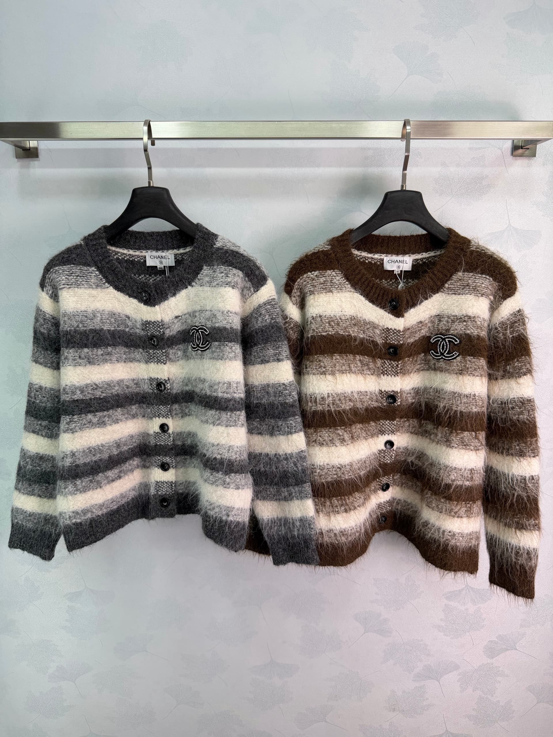 Unassigned 🆕Ch 2026 Mohair-Striped Crew-Neck Cardigan Custom Wool Yarn ➕ Mohair