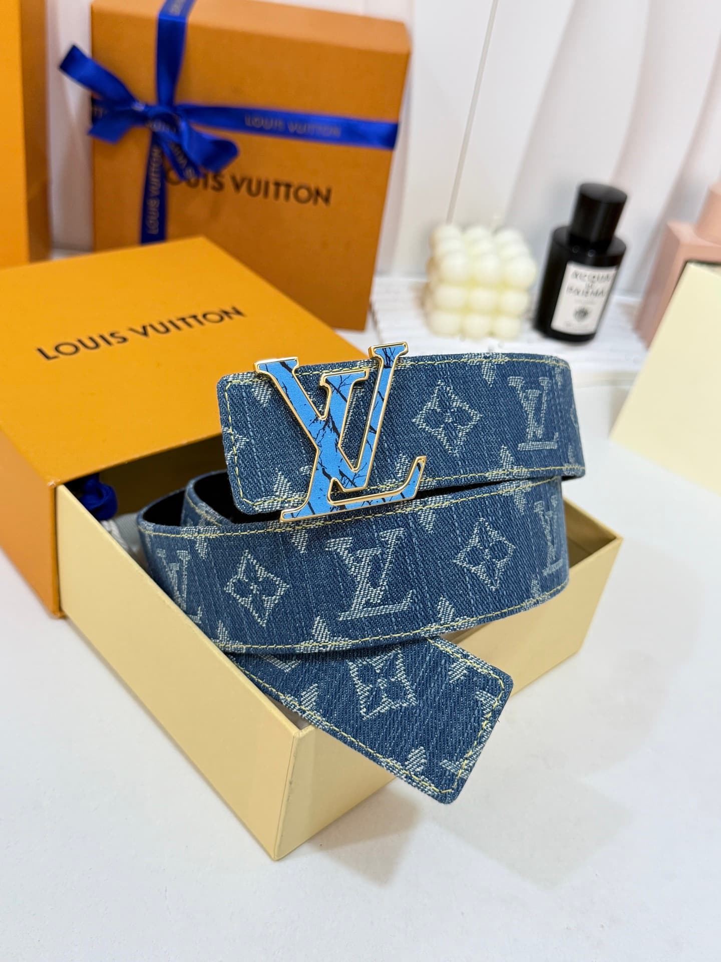 Louis Vuitton Louis Vuitton Denim-Style Crack-Finish Buckle Belt, 40mm Standard Width