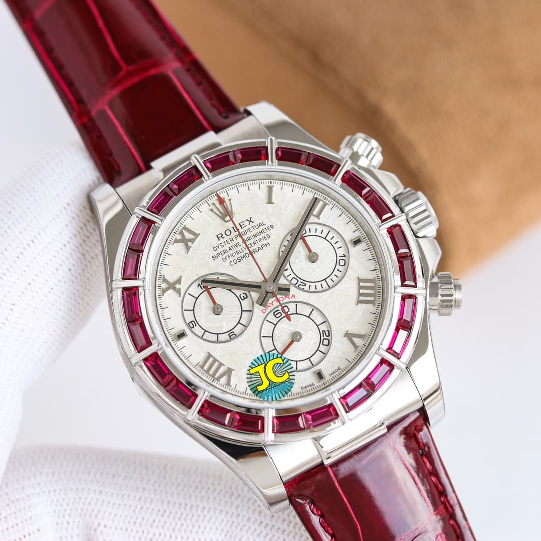 Rolex Rolex Brand-new Rolex “Ruby Daytona” with a Roman meteorite dial set with 24 rubies and a burgundy alligator strap