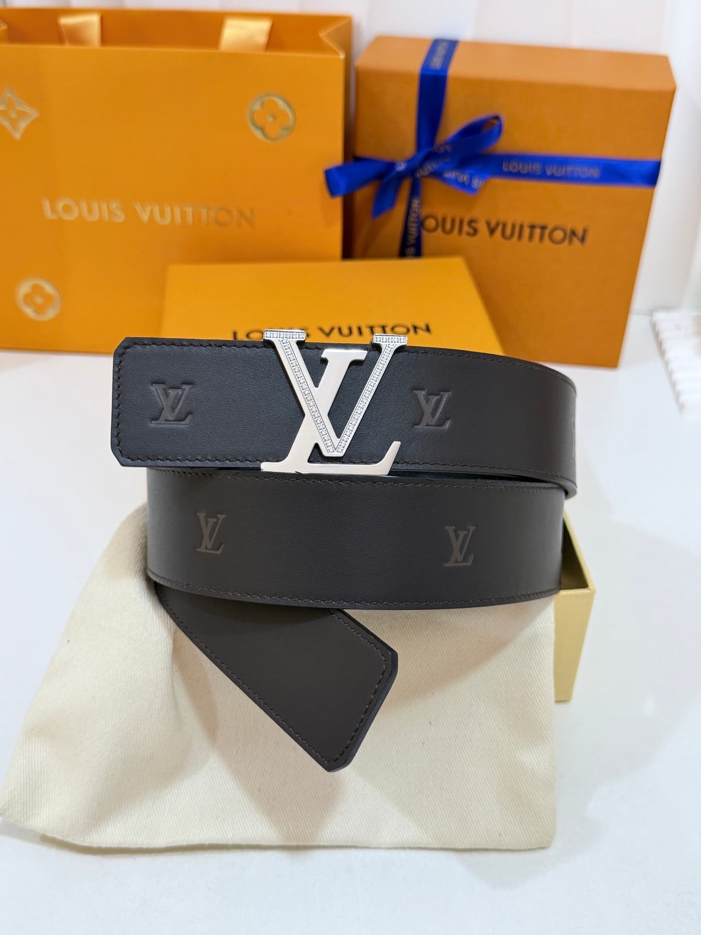 Louis Vuitton Louis Vuitton Diamond-Studded Buckle, Full-Embossed Leather Belt, 40mm Standard Width