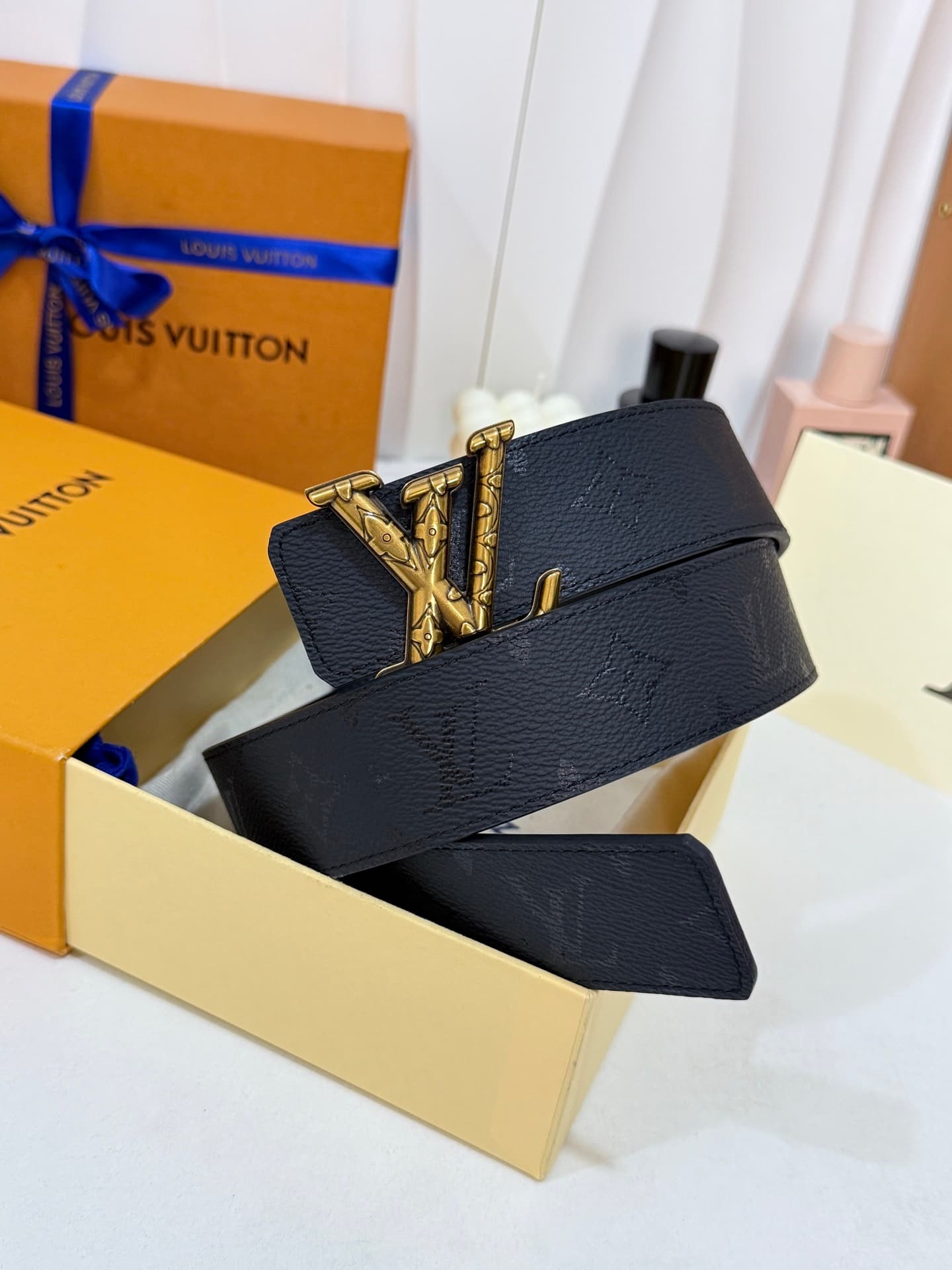 Louis Vuitton Louis Vuitton All-Black Embossed Relief Buckle Belt, 40mm Standard Width