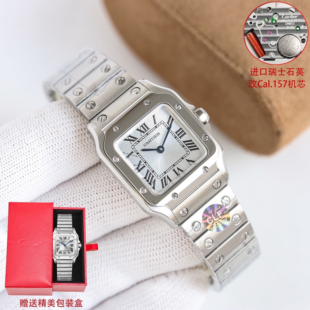Cartier Cartier CLF Cartier Mini-Size Women's Santos Watch: Silver-Plated Satin-Finish Dial with Roman Numerals