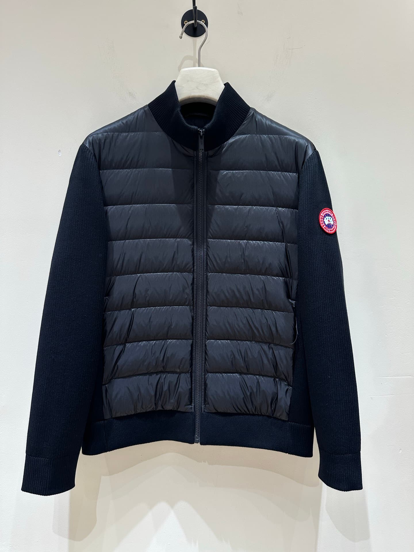 Unassigned Duck Men's Long-Sleeve Stand-Up Collar Down Jacket with Mixed Fabrics; Features the Duck Logo on the Left Sleeve