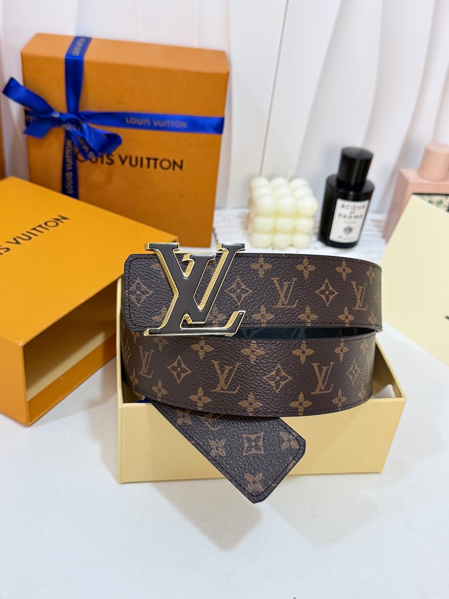 Louis Vuitton Louis Vuitton Double-Sided Small Monogram Checkered Black Leather Belt with Gold Accents, 40mm Width