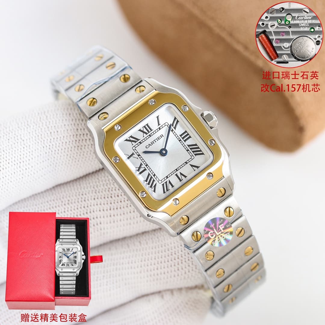 Cartier Cartier CLF Cartier Mini-Size Women's Santos Dial: Silver-Plated Satin-Finish Dial with Roman Numerals