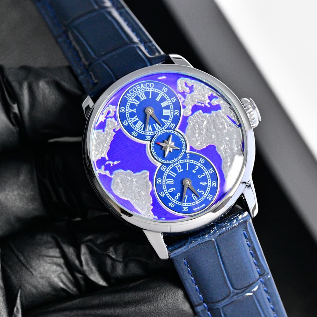 Unassigned JACOB & CO. Dual Time Zone Swiss Quartz Watch with Gold-Leaf Embossed Globe