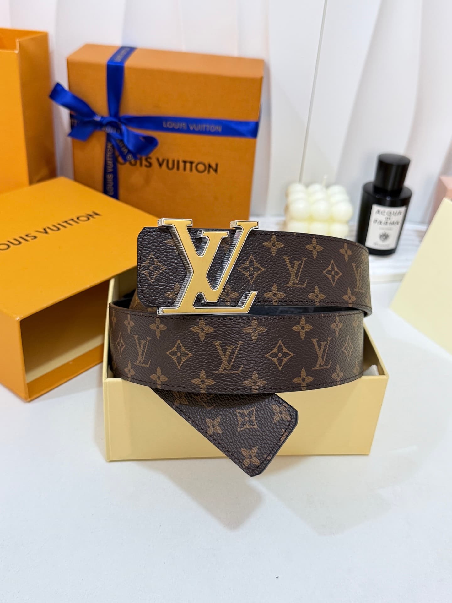 Louis Vuitton Louis Vuitton Double-Sided Small Monogram Checkered White and Gold Leather Belt, 40mm Width