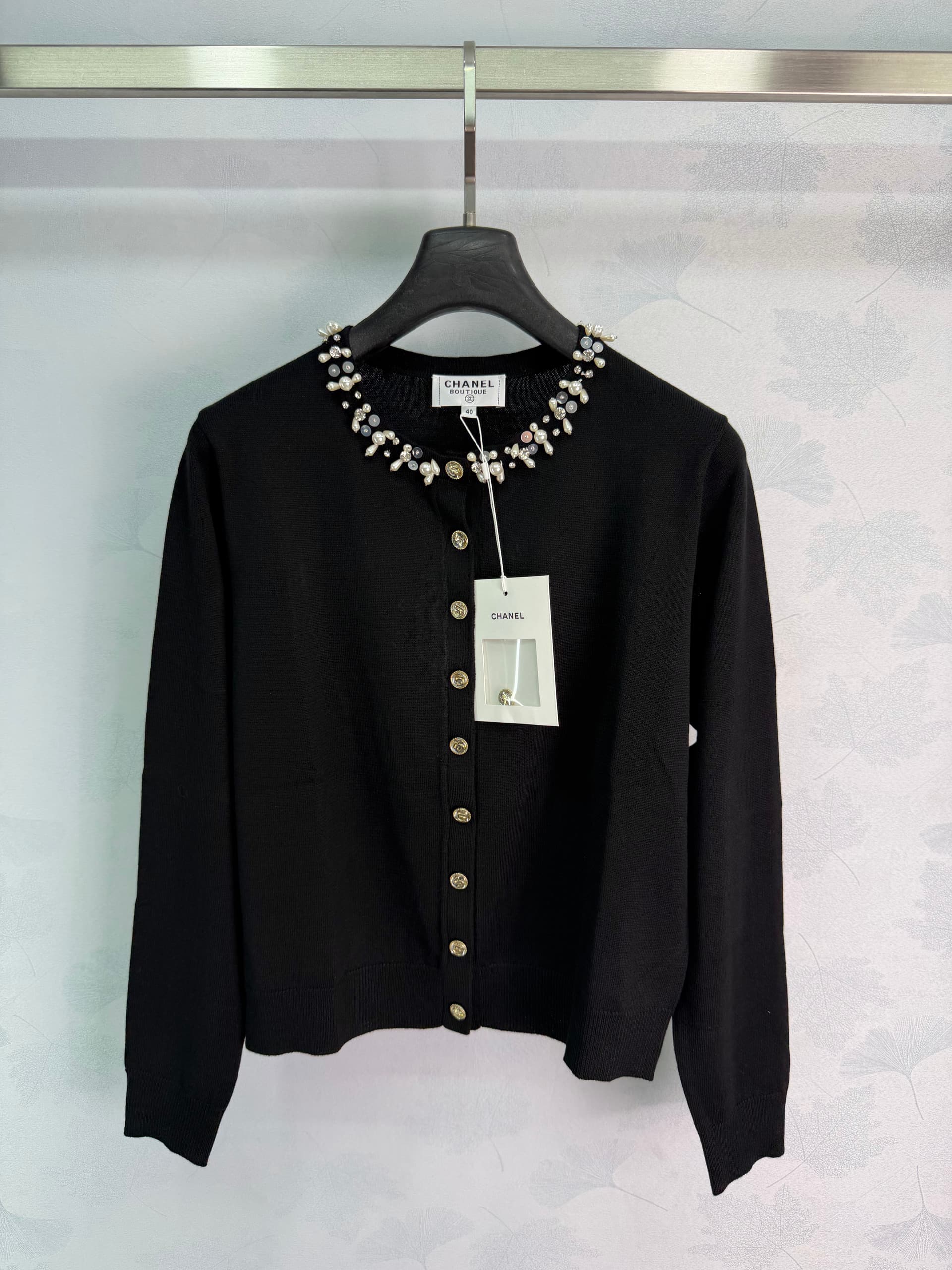 Unassigned 🆕Ch 26 Heavy-Duty Pearl-Embellished Black Knit Cardigan🖤Classic Black Round