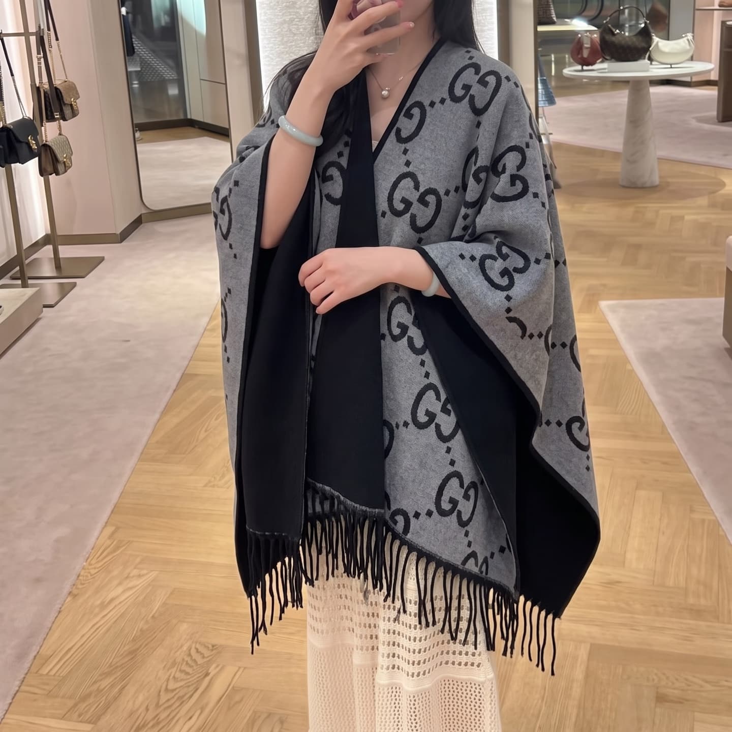 Gucci Gucci Batch: Double-G Fringed Cape Shawl, Premium Gray-Black Reversible Colorway
