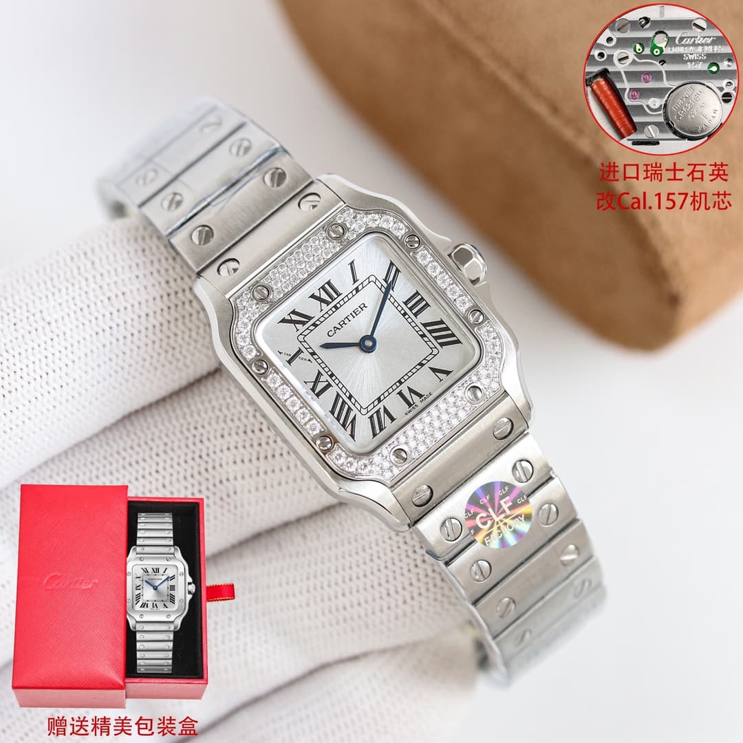 Cartier Cartier CLF Cartier Mini-Size Women's Santos Watch: Silver-Plated Satin-Finish Dial with Roman Numerals