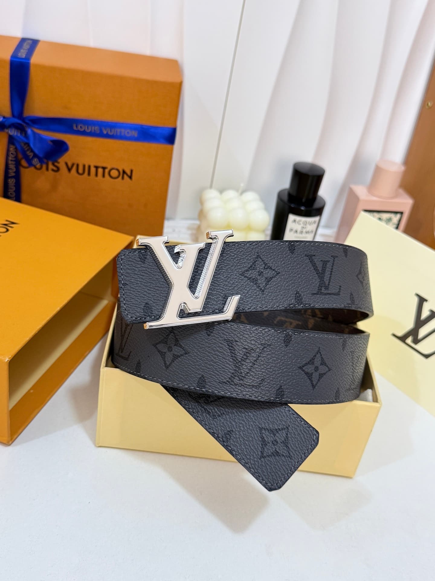 Louis Vuitton Louis Vuitton Double-Fabric Gray Floral Twill Belt with Shiny Silver Accents, 40mm Standard