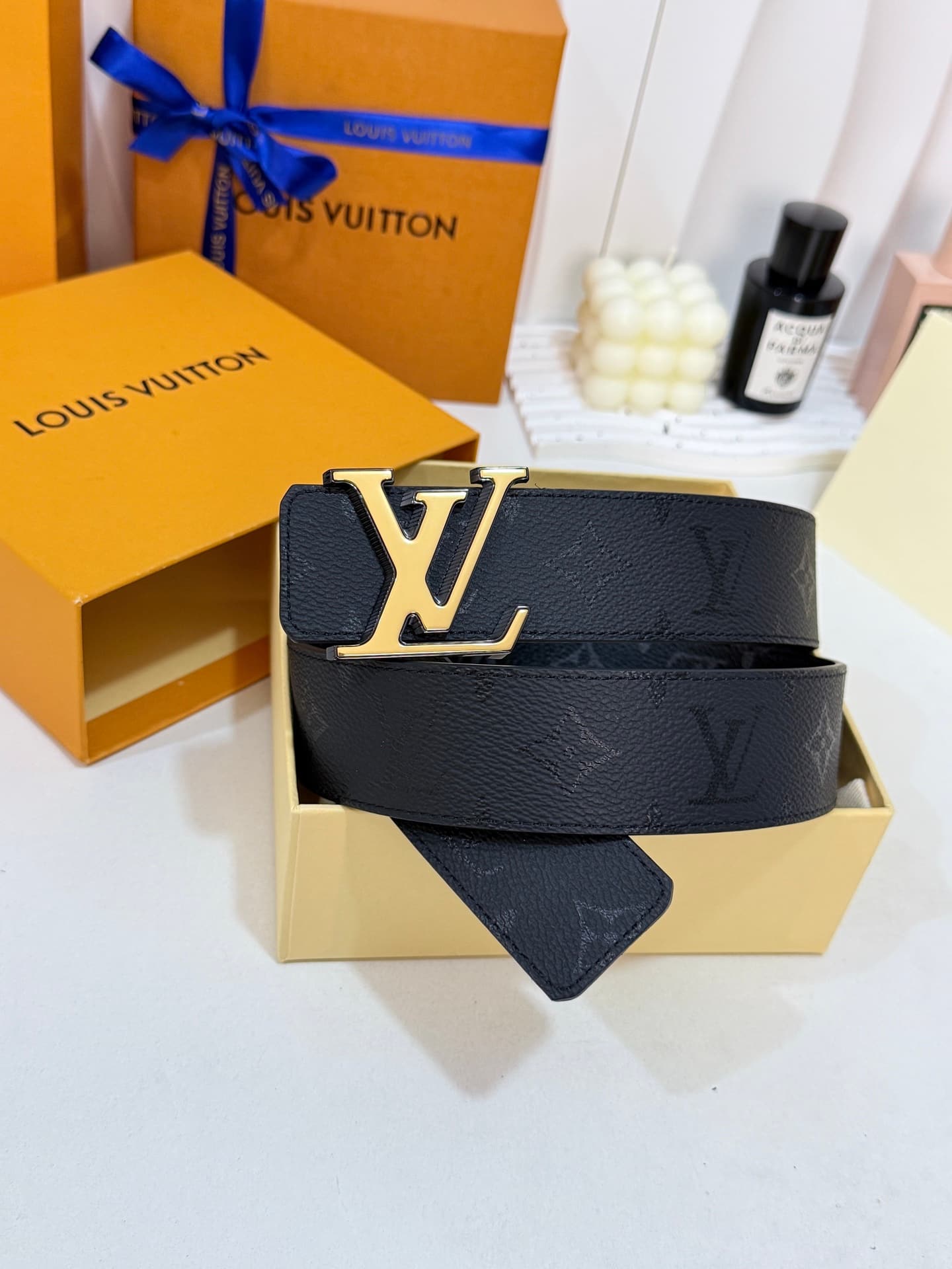 Louis Vuitton Louis Vuitton Dark Floral Pattern with Black Floral Herringbone and Black-and-Gold Stripes, 40mm