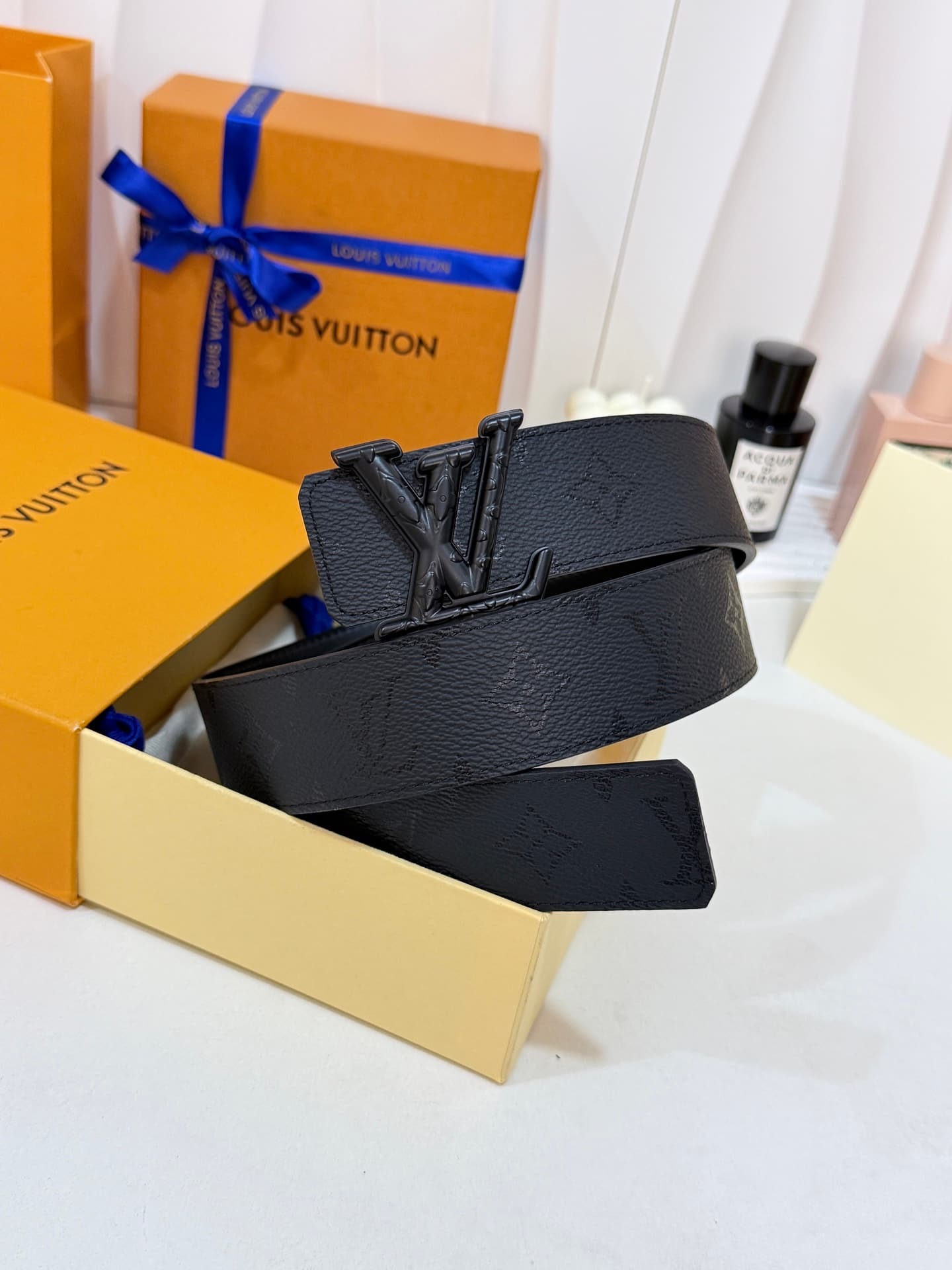 Louis Vuitton Louis Vuitton All-Black Embossed Relief Buckle Belt, 40mm Standard Width