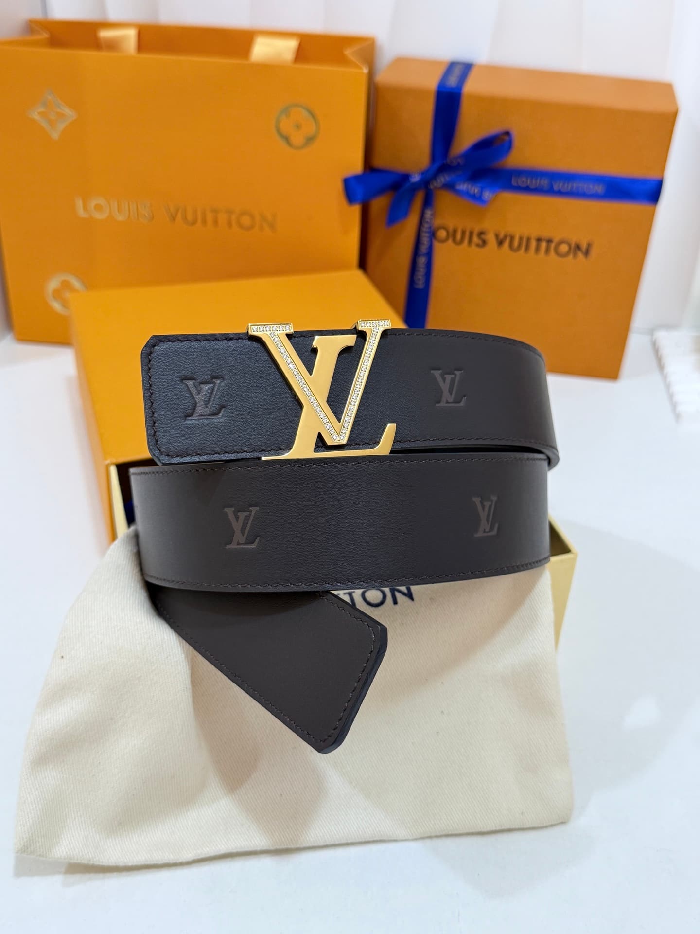 Louis Vuitton Louis Vuitton Diamond-Studded Buckle, Full-Embossed Leather Belt, 40mm Standard Width