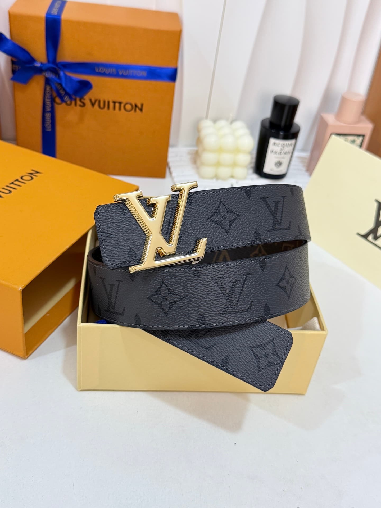 Louis Vuitton Louis Vuitton Double-Fabric Gray Floral Twill Belt with Shiny Gold Accents, 40mm Standard